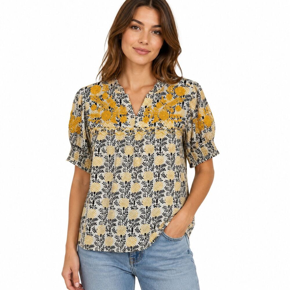 Sister Mary Tunic Blouse Womens Small Embroidered V Neck Short Sleeve Top